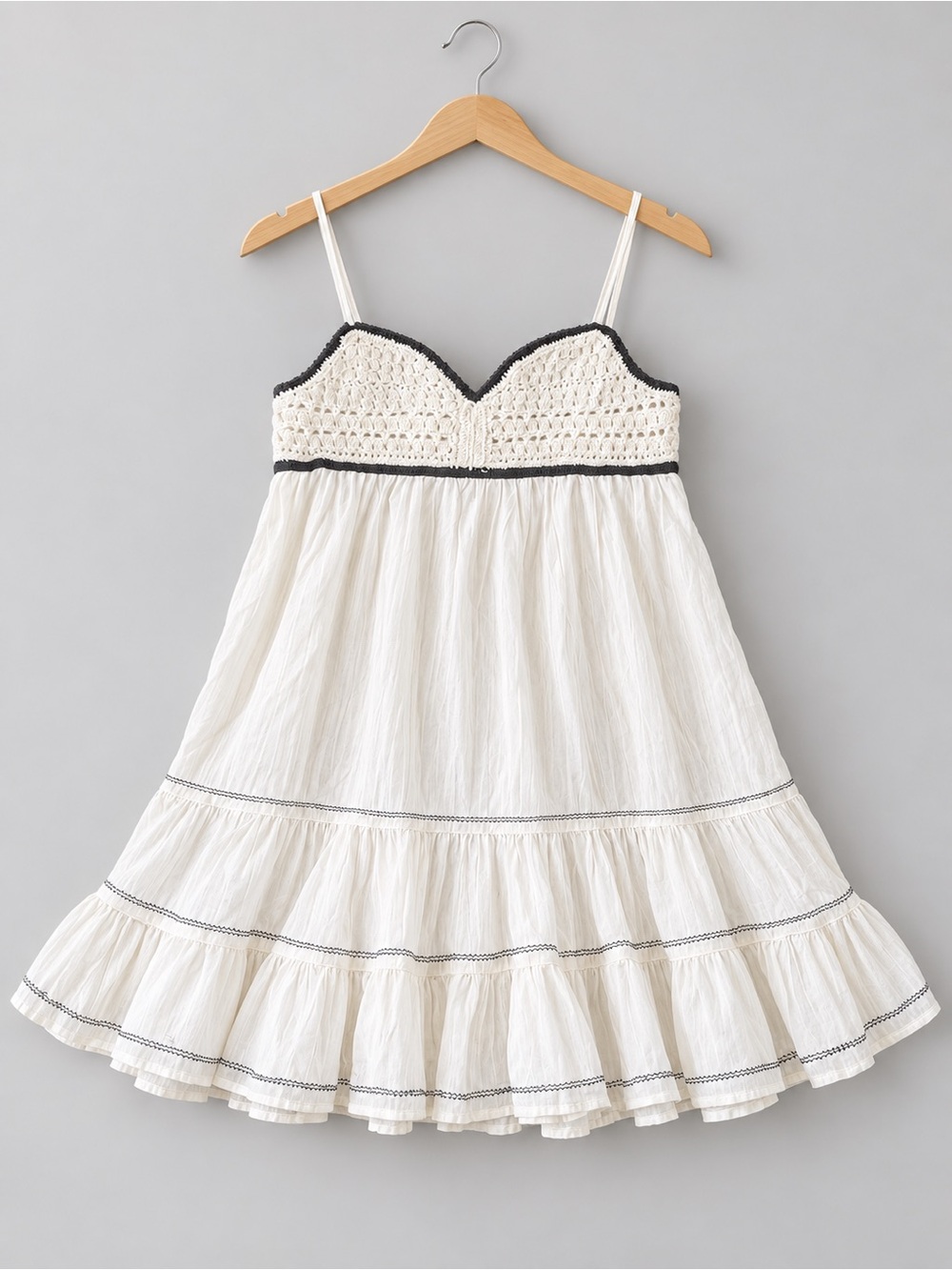 American Eagle Ivory Crochet Bodice Tiered Ruffle Mini Dress S